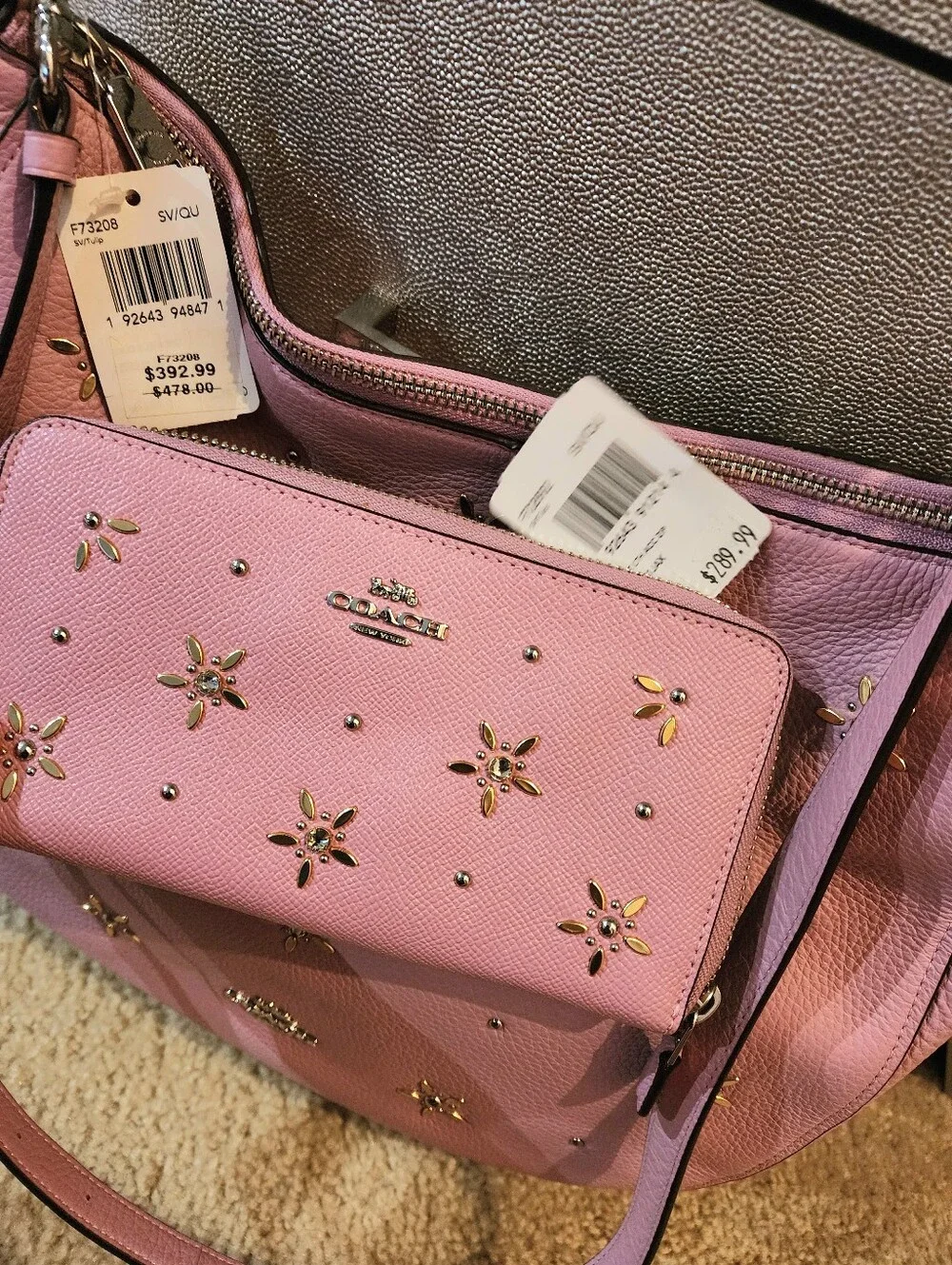 Coach Pink Crystal Rhinestone Shoulder Hobo Purse Floral Elle Wallet New SET